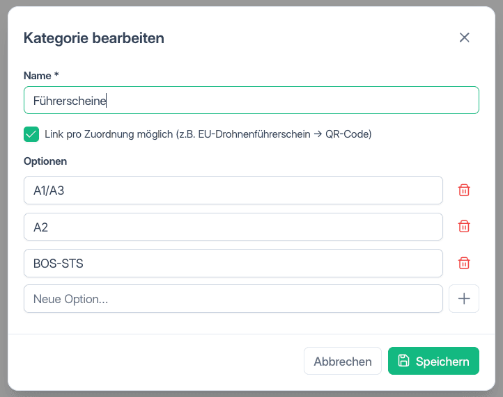 Qualifikation mit Optionen bearbeiten