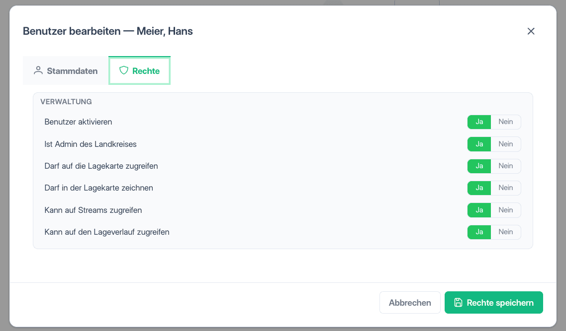Rechte-Tab mit Ja/Nein-Schaltern