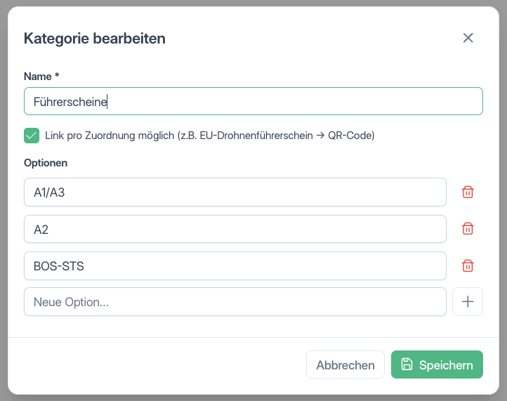 Qualifikation mit Optionen bearbeiten